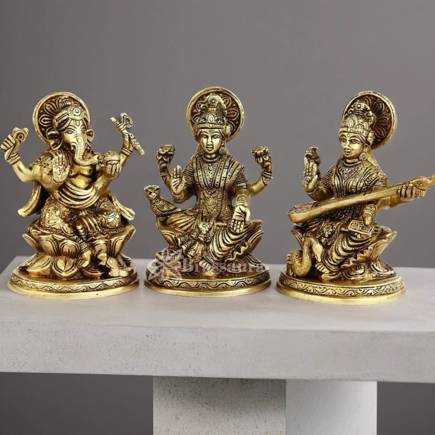Brassaura™ Brass Laxmi Ganesha Saraswati Idol – Height 5 Inches & Weight 2.8 Kgs | Temple & Home Statue