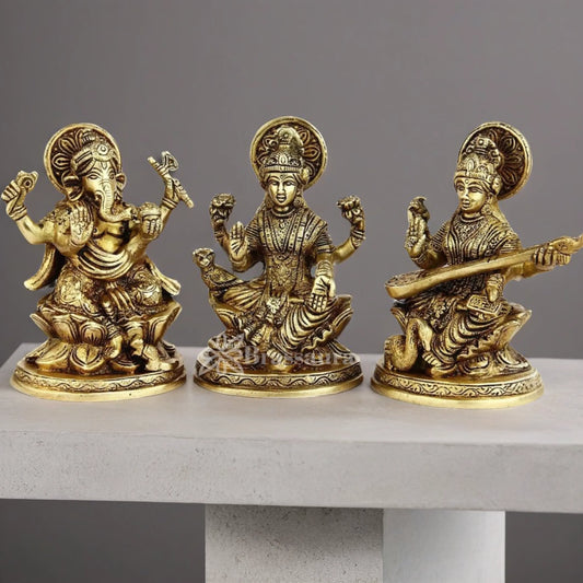 Brassaura™ Brass Laxmi Ganesha Saraswati Idol – Height 5 Inches & Weight 2.8 Kgs | Temple & Home Statue