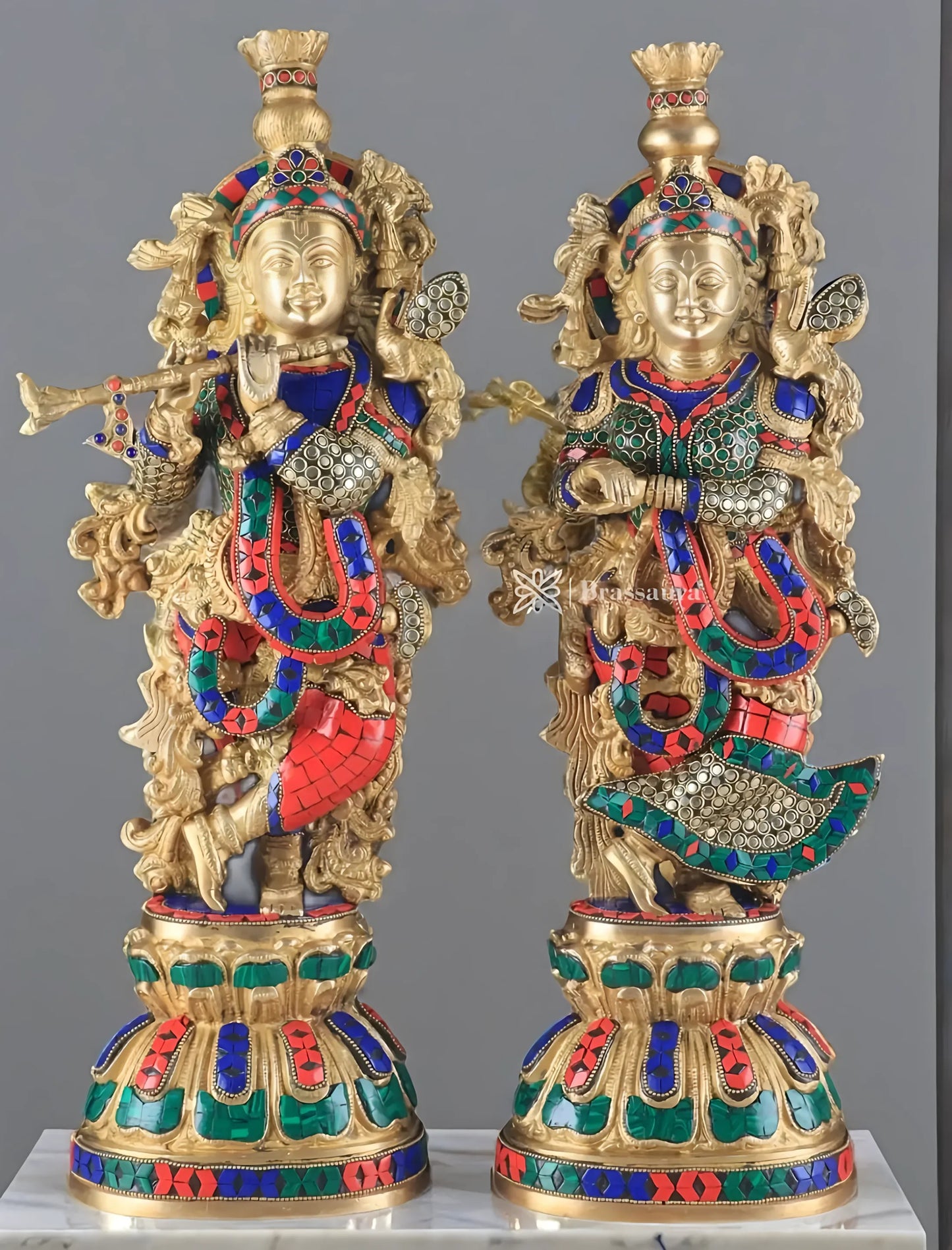 Brassaura™ Pure Brass Radha Krishna Statue with Rings & Natural Stones – Height 21 Inches & Weight 18 Kgs | Devotional Idol