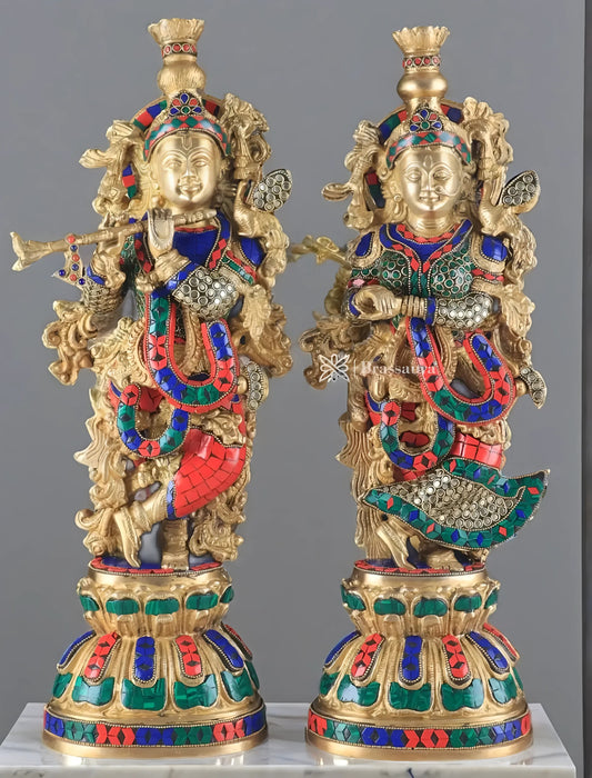 Brassaura™ Pure Brass Radha Krishna Statue with Rings & Natural Stones – Height 21 Inches & Weight 18 Kgs | Devotional Idol