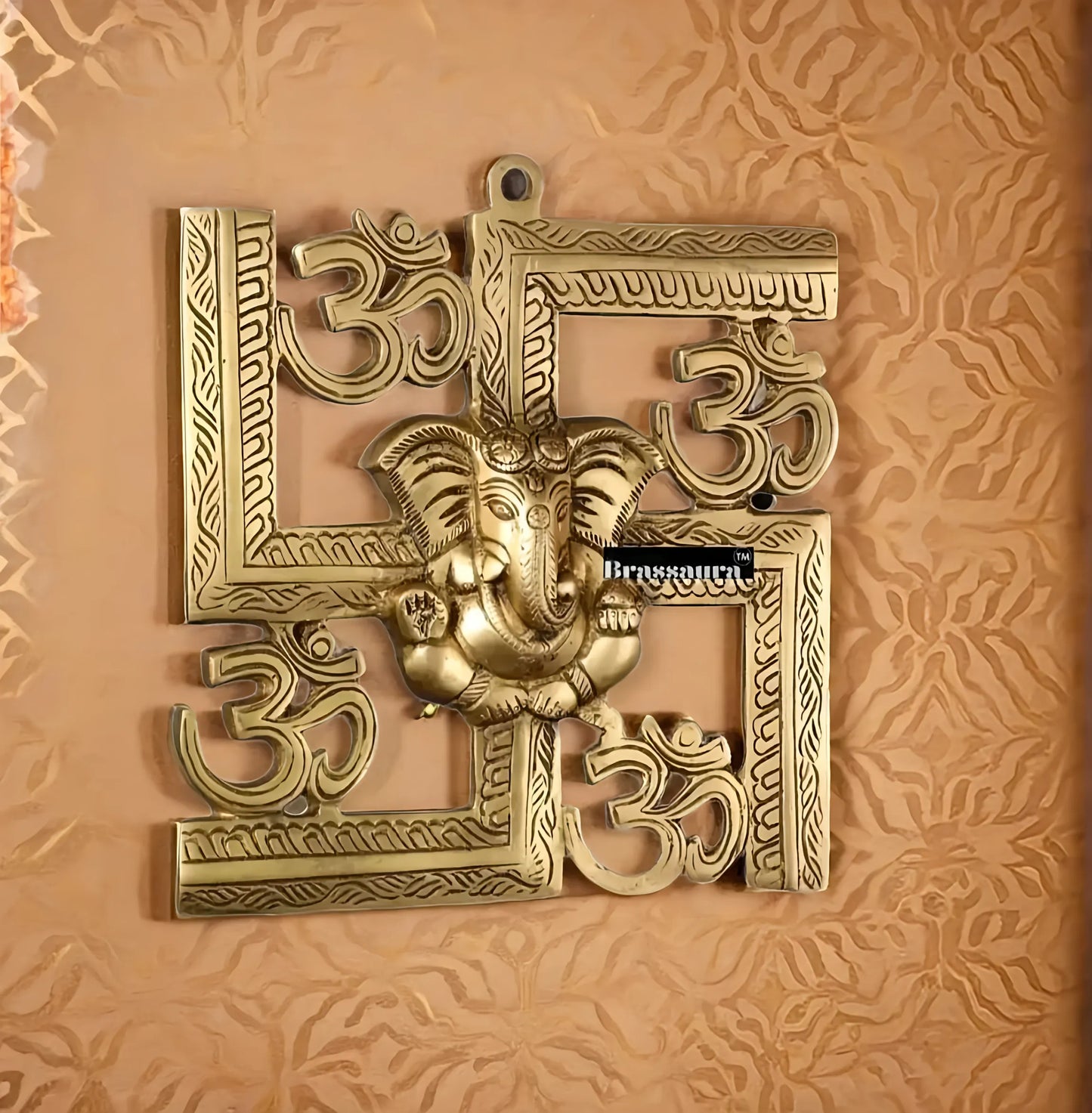 Brassaura™ Brass Swastik Wall Hanging with Lord Ganesha – Height 8.5 Inches & Weight 1.1 Kgs