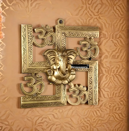 Brassaura™ Brass Swastik Wall Hanging with Lord Ganesha – Height 8.5 Inches & Weight 1.1 Kgs