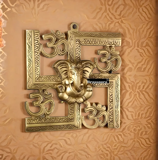 Brassaura™ Brass Swastik Wall Hanging with Lord Ganesha – Height 8.5 Inches & Weight 1.1 Kgs