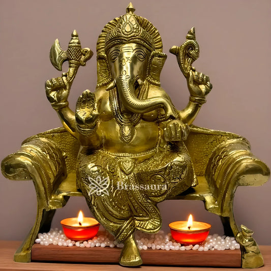 Brassaura™ Brass Ganesha Murti – Height 9.4 inches & Weight 5.35 kgs | Large Ganpati Statue for Pooja & Home Décor