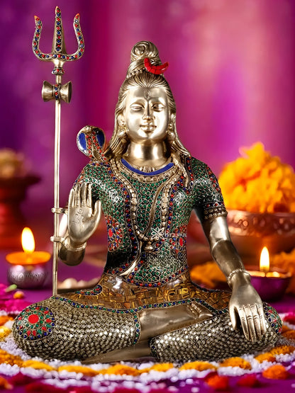 Brassaura™ Brass Gem Stone Work Shiva Idol – Height 20 Inches & Weight 12 Kgs | Temple & Home Accent