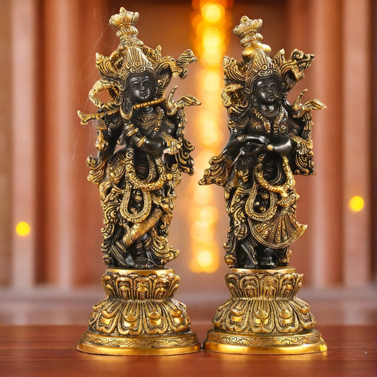 Brassaura™ Intricately Crafted Brass Radha Krishna Idols – 15 Inch Height, 10 Kg Pair | Black & Gold Heat-Treated Finish