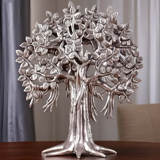 Brassaura™ Pure Brass Handcrafted Silver-Plated Kalpavriksha Tree | Tabletop Tree of Life Showpiece | Weight 1.8 Kgs | Height 11 Inches