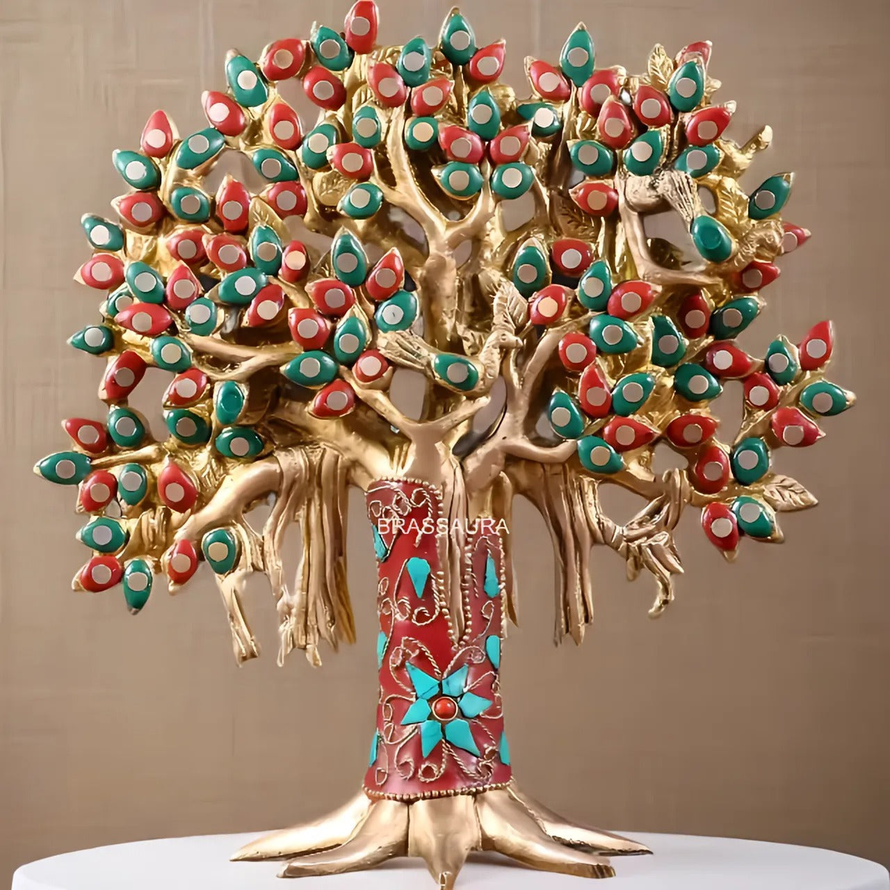 Brassaura™ Pure Brass Handcrafted Kalpavriksha Tree with Stonework | Tabletop Tree of Life Showpiece | Weight 1.2 Kgs | Height 9.5 Inches