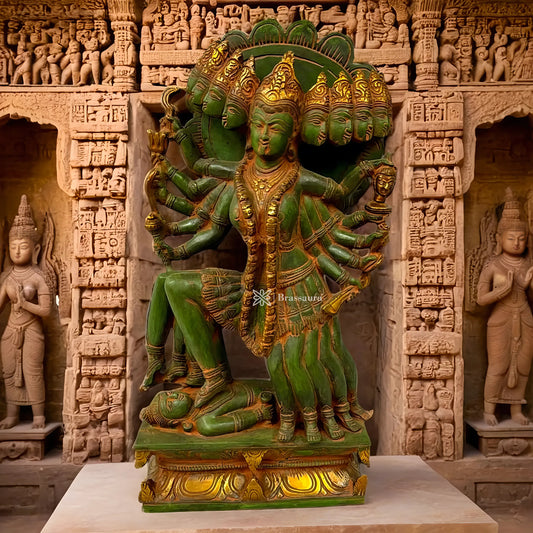 Brassaura™ Mahakali Brass Statue Idol with 10 Heads – 10kg | 15" Tall – Antique Green Patina