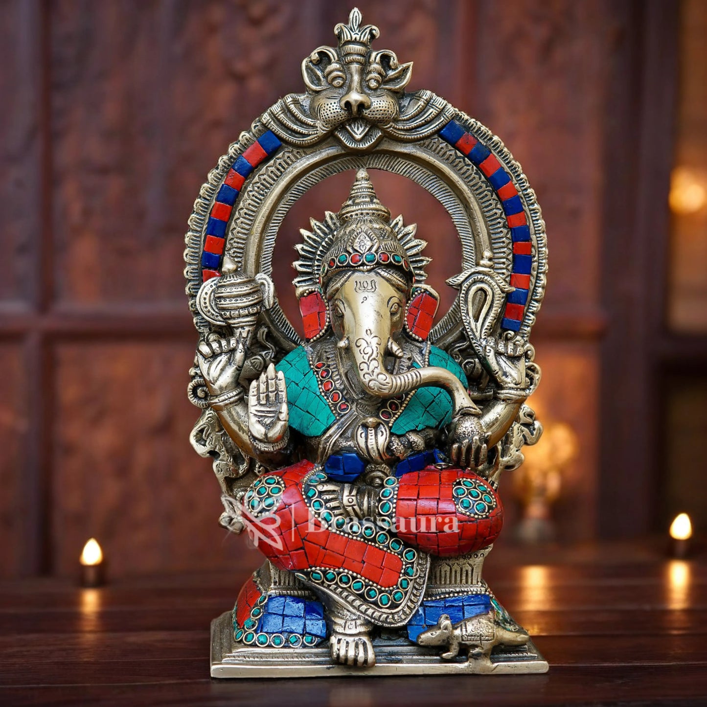 Brassaura™ Brass Gem Stone Work Ganesha Idol for Home and Decor | Weight 4.8 Kgs | Height 12 Inches