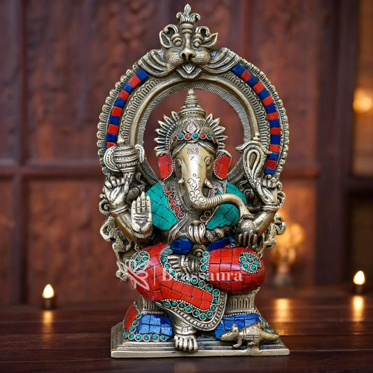Brassaura™ Brass Gem Stone Work Ganesha Idol for Home and Decor | Weight 4.8 Kgs | Height 12 Inches
