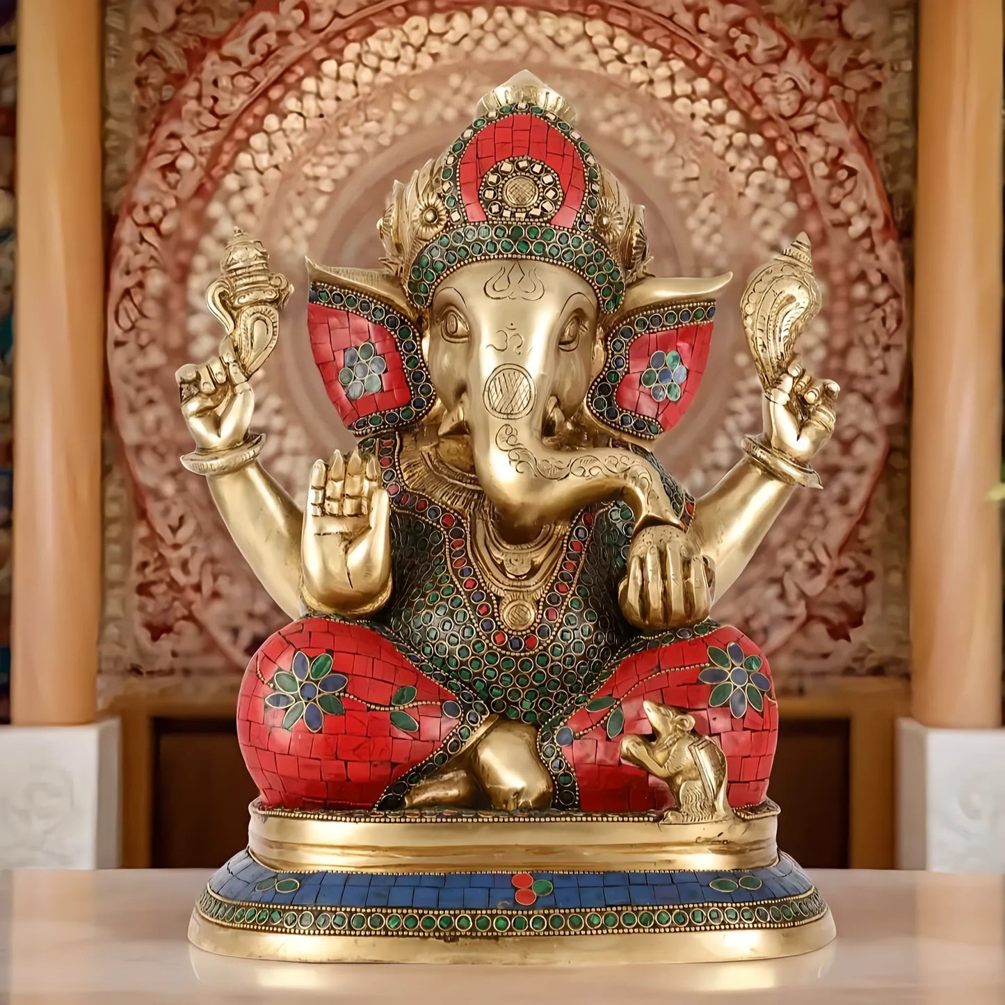 Brassaura™ Taj Ganesha Brass Idol on Engraved Base | Handcrafted Spiritual Showpiece | Weight 12.5 Kgs | Height 14.5 Inches