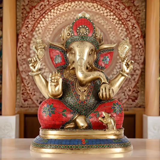 Brassaura™ Taj Ganesha Brass Idol on Engraved Base | Handcrafted Spiritual Showpiece | Weight 12.5 Kgs | Height 14.5 Inches