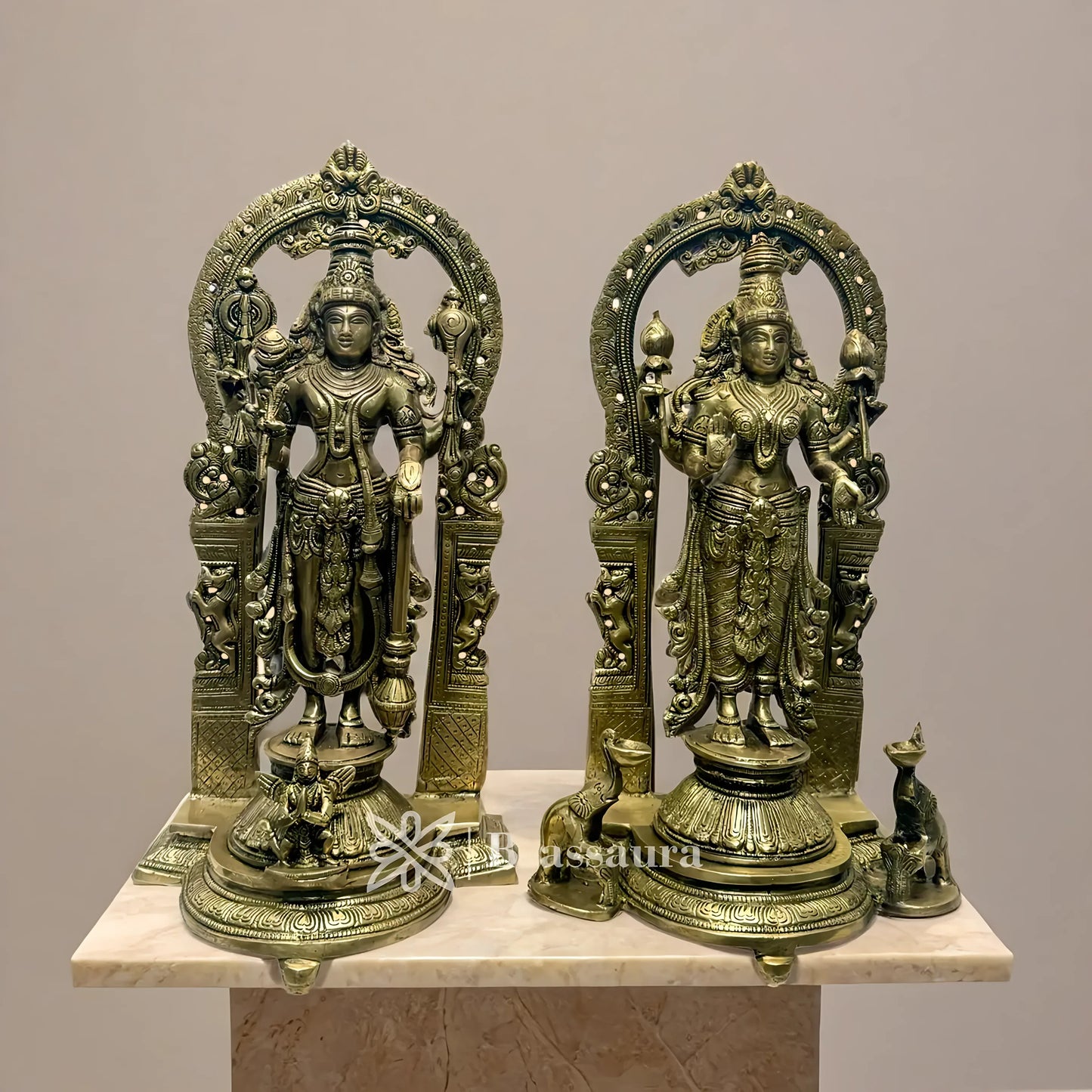 Brassaura™ Brass Vishnu Laxmi – Height 12 Inches & Weight 12 Kgs | Premium Brass Deity Sculpture for Home Temple