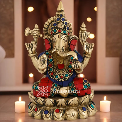 Brassaura™ Brass Gem Stone Work Ganesha Idol for Home Décor | Weight 1.5 Kgs | Height 5 Inches