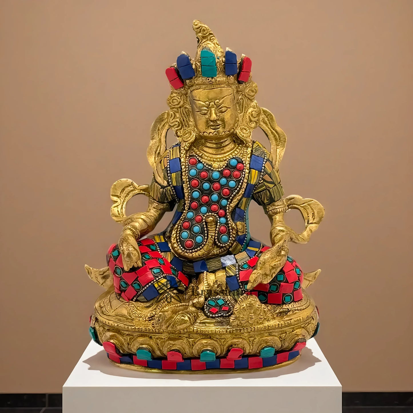 Brassaura™ Brass Gem Stone Work Kuber Idol – Height 14 Inches & Weight 4.8 Kgs | Temple Room & Worship Accent