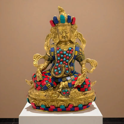 Brassaura™ Brass Gem Stone Work Kuber Idol – Height 14 Inches & Weight 4.8 Kgs | Temple Room & Worship Accent