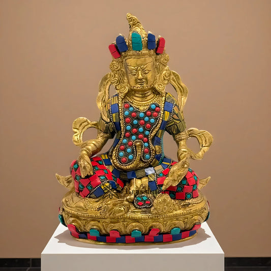 Brassaura™ Brass Gem Stone Work Kuber Idol – Height 14 Inches & Weight 4.8 Kgs | Temple Room & Worship Accent