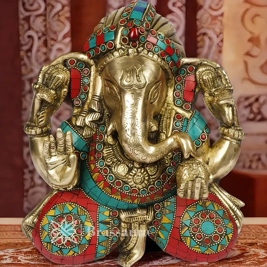 Brassaura™ Handcrafted Brass Gem Stone Work Ganesha Wall Hanging – Height 10 Inches & Weight 2.8 Kgs | Temple Wall Décor