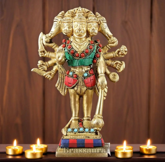 Brassaura™ Pure Brass Standing Panchmukhi Hanuman Idol – Height 7 Inches & Weight 1.182 Kgs | Handcrafted Temple Idol