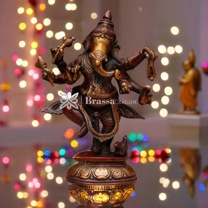 Brassaura™ Brass Dancing Ganesha Idol for Home and Decor | Weight 2.4 Kgs | Height 9 Inches | Multi-Coloured