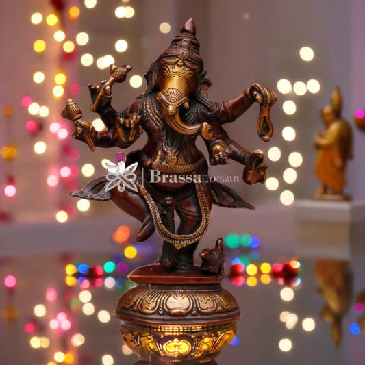 Brassaura™ Brass Dancing Ganesha Idol for Home and Decor | Weight 2.4 Kgs | Height 9 Inches | Multi-Coloured
