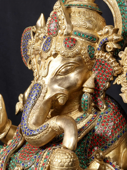 Brassaura™ Seated Lord Ganesha on Ornate Throne | Pure Brass with Meenakari Stonework | Height 24 Inches & Weight 33.38 Kgs