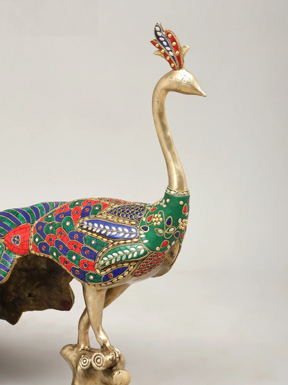 Brassaura® Peacock Brass Statue with Multicolor Inlay Work | Pure Brass | Height 24 Inches & Weight 24.60 kgs
