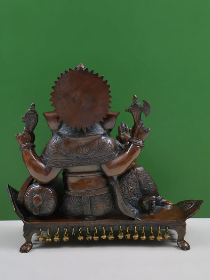 Brassaura™ Reclining Lord Ganesha on Chowki | Pure Brass Seated Idol | Height 16 Inches