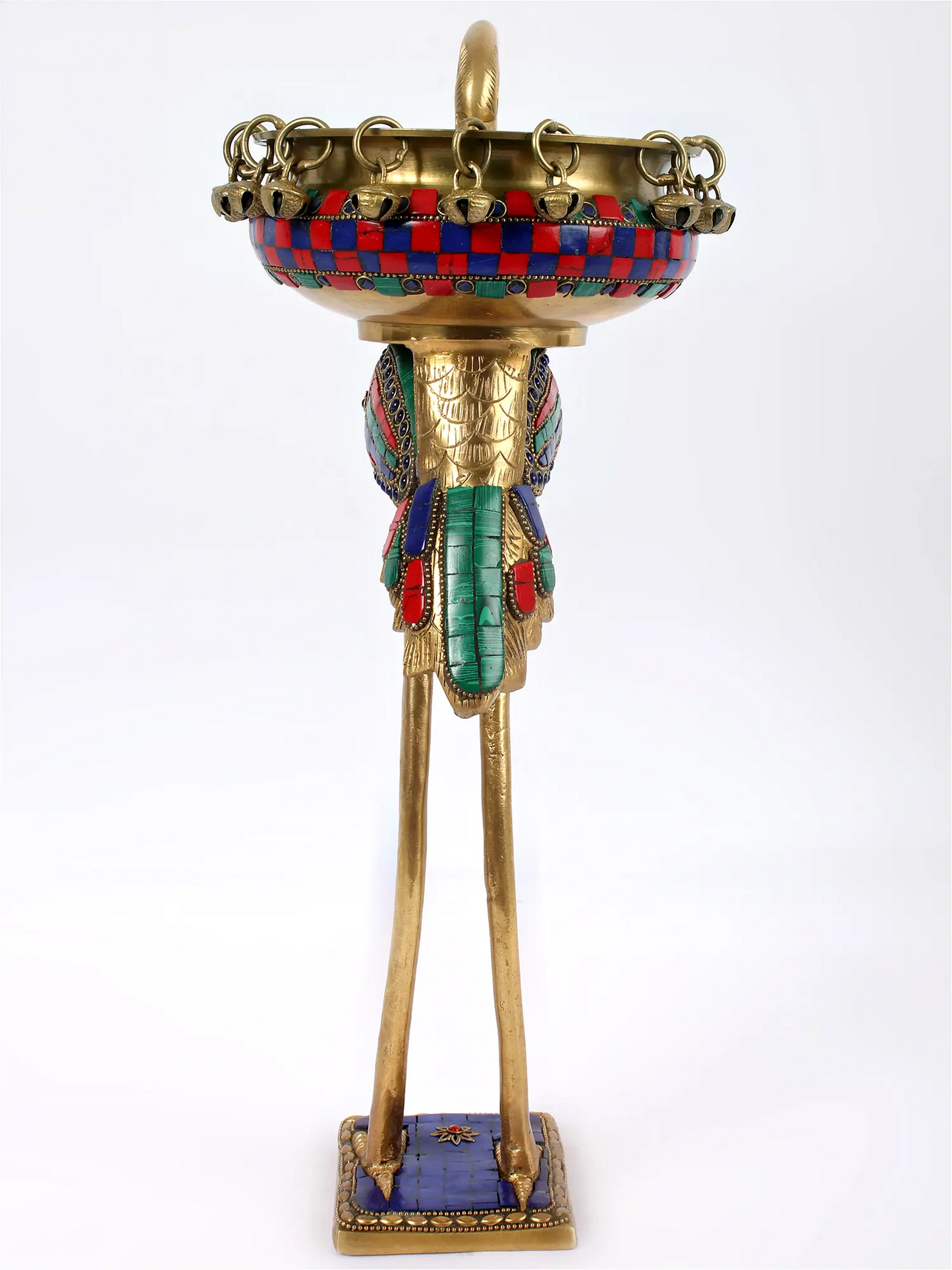 ब्रासौर® फ्लेमिंगो ब्रास उर्ली, मल्टीकलर इनले वर्क और हैंगिंग बेल्स के साथ | शुद्ध पीतल | ऊंचाई 17 इंच और वज़न 2.91 किलोग्राम