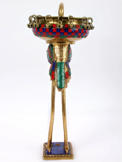 ब्रासौर® फ्लेमिंगो ब्रास उर्ली, मल्टीकलर इनले वर्क और हैंगिंग बेल्स के साथ | शुद्ध पीतल | ऊंचाई 17 इंच और वज़न 2.91 किलोग्राम