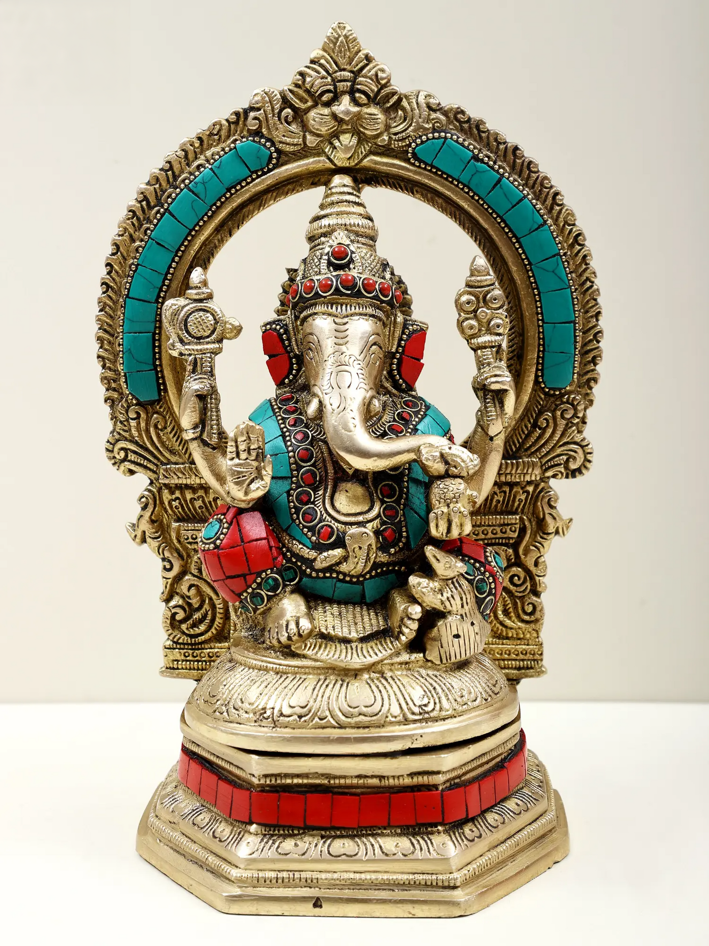 Brassaura™ ब्रास गणेश लक्ष्मी सरस्वती (जीएलएस) सेट | मीनाकारी इनले वर्क के साथ शुद्ध ब्रास | ऊंचाई 10 इंच और वज़न 9.48 किलोग्राम