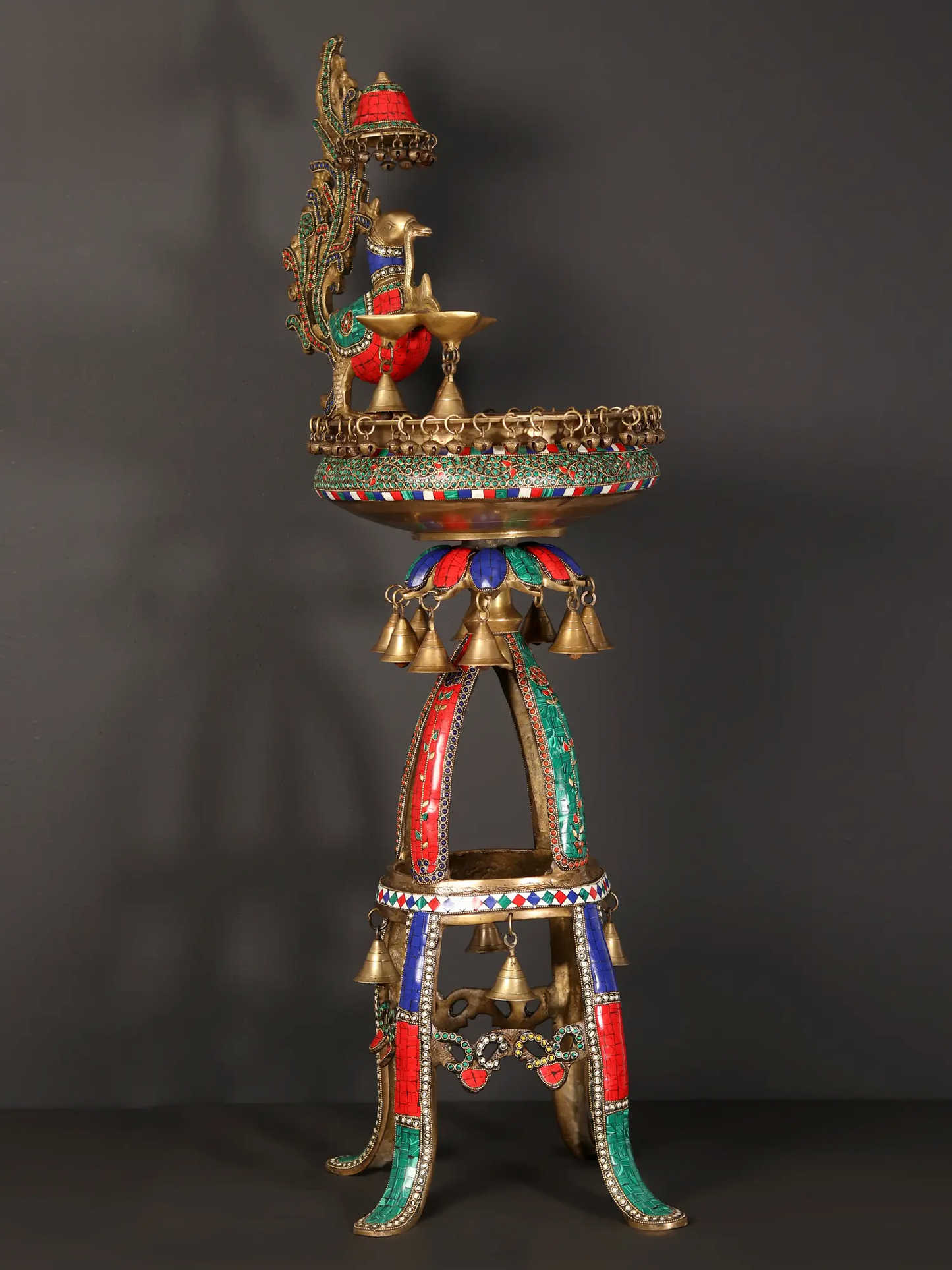 Brassaura® Peacock Brass Urli Stand with Inlay Work & Hanging Bells | Pure Brass | Height 41.5 Inches & Weight 21.70 kgs