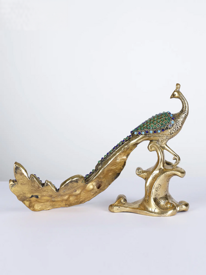 Brassaura® Brass Peacock Decorative Statue with Inlay Work | Pure Brass | Height 8.3 Inches & Weight 2.80 kgs