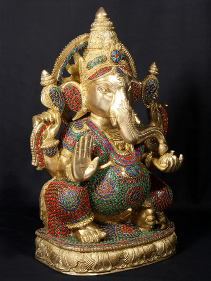 Brassaura™ Brass Lord Ganesha on Oval Base with Fine Stone Work | Height 18.5 Inches & Weight 19.82 kgs
