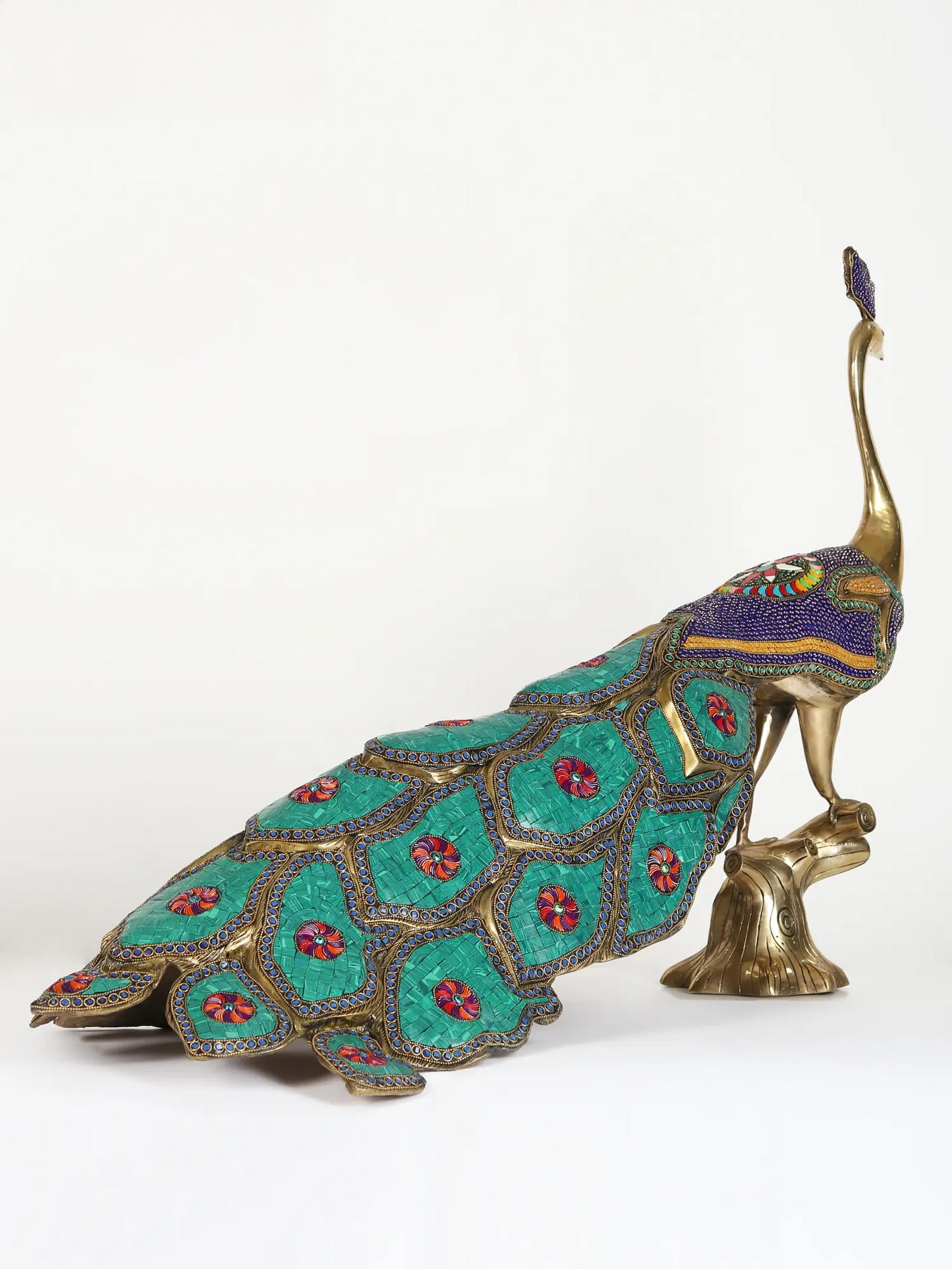 ब्रासौरा® ब्रास पीकॉक प्रतिमा स्टोन इनले वर्क के साथ | शुद्ध पीतल | ऊंचाई 24.8 इंच और वज़न 25.40 किलोग्राम