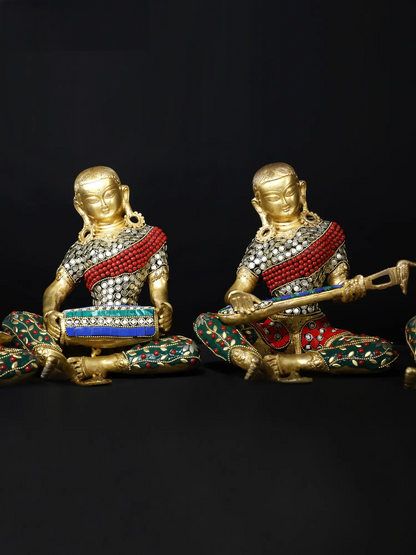 Brassaura® Brass Musical Monk Figurine Set with Inlay Work | Pure Brass | Height 8.5 Inches & Weight 18.65 kgs
