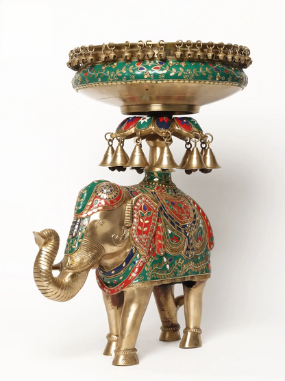 Brassaura® Royal Elephant Brass Urli with Inlay Work & Hanging Bells | Pure Brass | Height 20.7 Inches & Weight 18.35 kgs