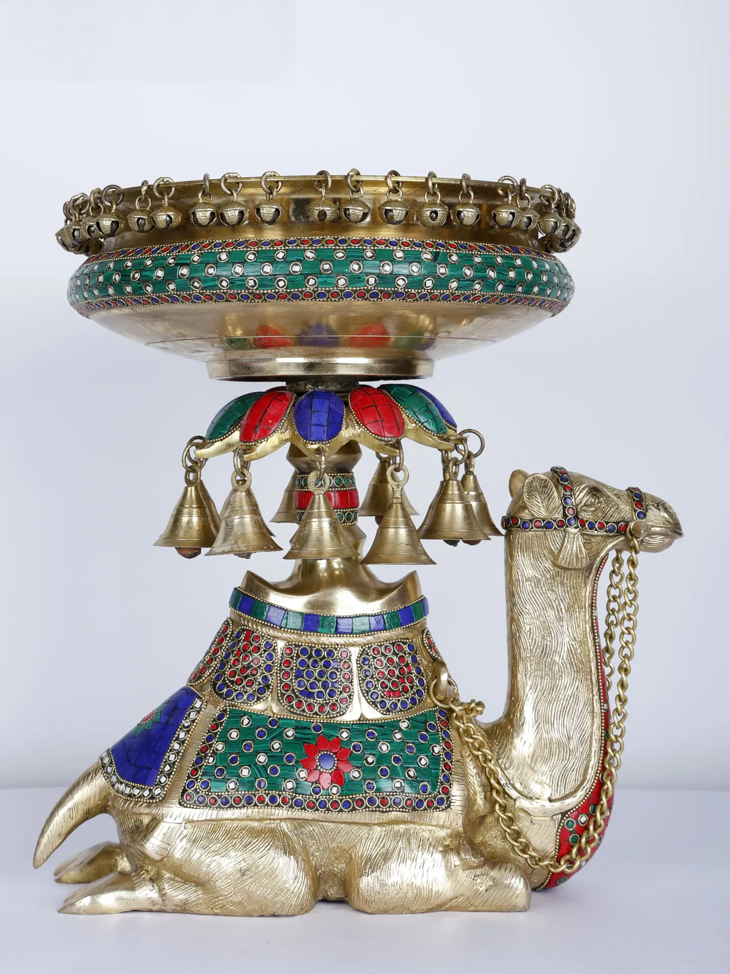 Brassaura® Royal Camel Brass Urli with Multicolor Inlay Work & Hanging Bells | Pure Brass | Height 16 Inches & Weight 15.75 kgs