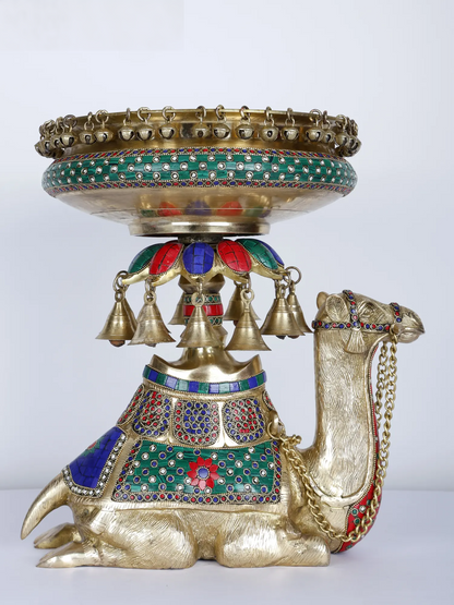 Brassaura® Royal Camel Brass Urli with Multicolor Inlay Work & Hanging Bells | Pure Brass | Height 16 Inches & Weight 15.75 kgs