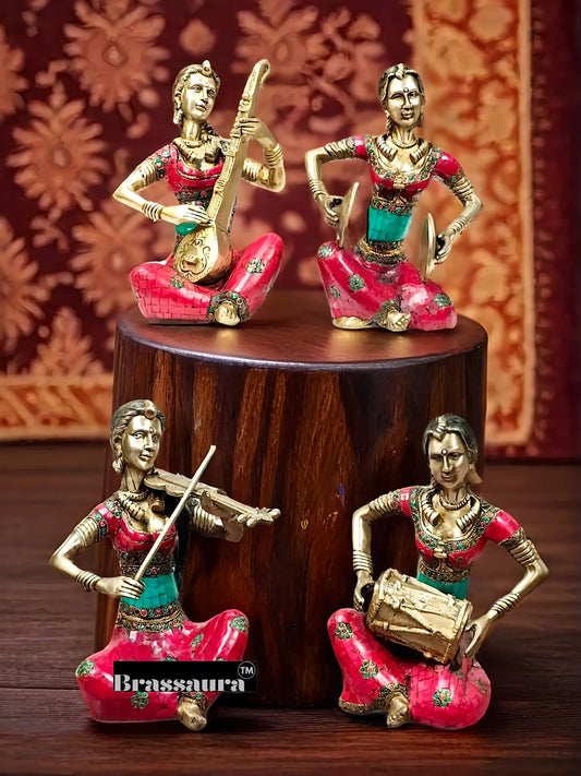 Brassaura™ Brass Tribal Lady Musicians Set – Height 11 Inches Each & Total Weight 21 Kgs (Set of 4)