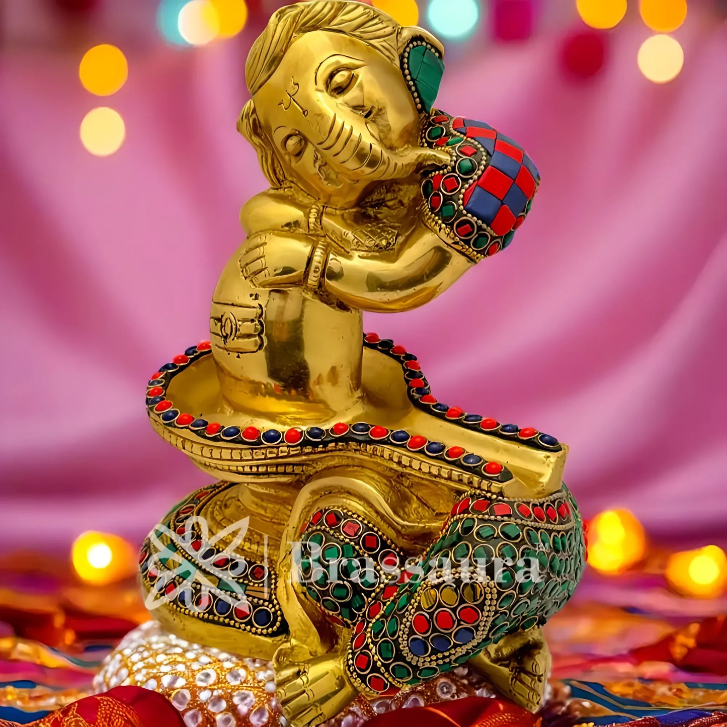 Brassaura™ Brass Gem Stone Work Ganesha and Shivling Idol for Home and Decor | Weight 4.7 Kgs | Height 7.87 Inches