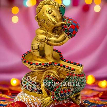 Brassaura™ Brass Gem Stone Work Ganesha and Shivling Idol for Home and Decor | Weight 4.7 Kgs | Height 7.87 Inches