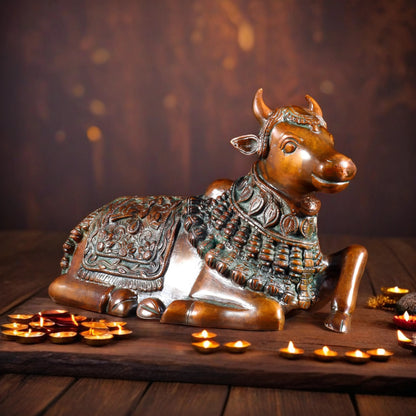 Brassaura™ Pure Brass Engraved Nandi Statue with Rustic Brown Tone | Handcrafted Spiritual Décor | Weight 2.8 Kgs | Width 10 Inches