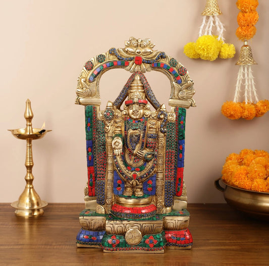 Brassaura® Brass Handcrafted Tirupati Balaji Idol gem Stonework & Thiruvarchi Prabhavali – 20 Inches