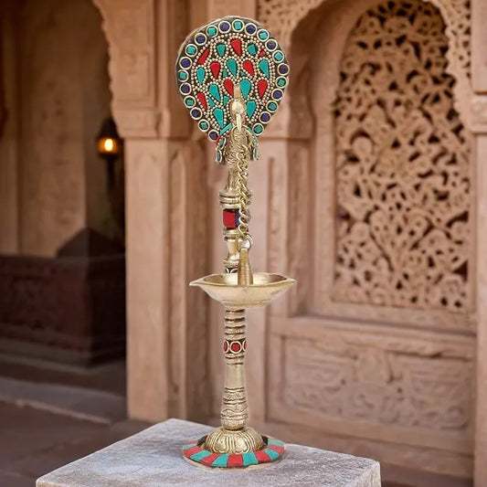 Brass Gem Stone Work Peacock Chain Hanging Diya Height 9 Inch Weight .47 Kg