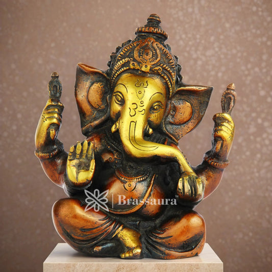 Brassaura™ Brass Mini Ganesha Idol | Weight 0.85 Kgs | Height 4 Inches