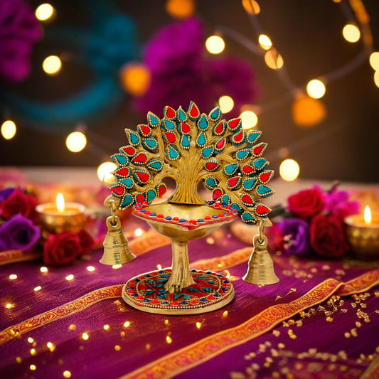 Brass Gem Stone Work Tree Diya Weight 1.3 Kg & Height 7 Inch