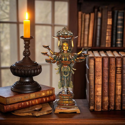 Brassaura™ Brass Standing Deep Laxmi With 8 Diya’s Statue– Height 27 Inches & Weight 15.5 Kgs | Home & Puja Décor