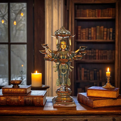 Brassaura™ Brass Standing Deep Laxmi With 8 Diya’s Statue– Height 27 Inches & Weight 15.5 Kgs | Home & Puja Décor